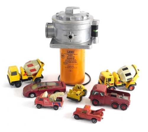 Various diecast vehicles, part stove with associated box, cement mixer 7cm high etc (a quantity).