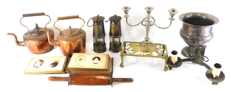 Various bygones, collectables, an Eccles Protector miner's lamp, of cylindrical form with hook top, central label numbered 127, 24cm high, and a further miner's lamp, two copper kettles, a Victorian photograph album, brass trivet, and a small quantity of 