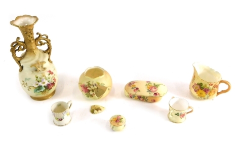 Various 20thC Royal Worcester and other porcelain blush ivory wares, jug, miniature tyg, 5cm high, box and cover, etc., other similar pieces. (a quantity) Auctioneer Announce globular vase removed from lot (AF).