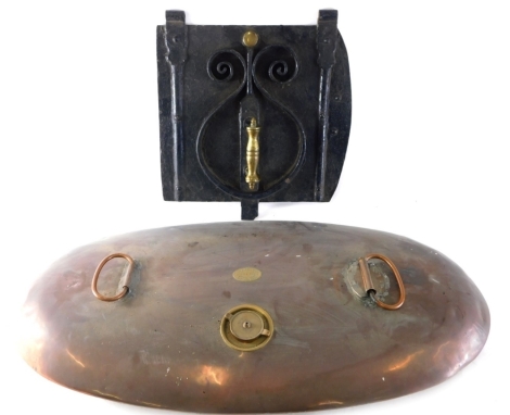 Various metalware, an early 20thC copper warmer, of oval form with swing handles, a wrought iron door, possibly off a stove or furnace, 36cm high, (2)