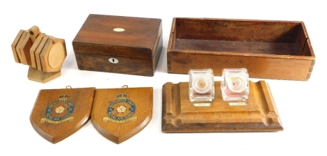 Various treen, a Maintenance Unit Royal Air Force shield back plaque transfer printed with crest, 18cm high, another similar, inkstand, etc. (a quantity)