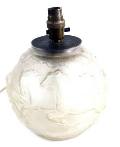 A frosted glass Lalique style lamp base, of globular form, raised with horses, with metal mounts, unmarked, 28cm high. Buyer Note: WARNING! This lot contains untested or unsafe electrical items. It is supplied for scrap or reconditioning only. TRADE ONLY