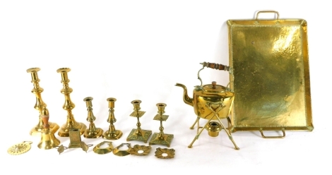 Various brassware, spirit kettle on stand, 34cm high, various candlesticks, hand bell, tray, etc. (a quantity)