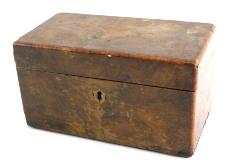 A 19thC burr walnut tea caddy, of rectangular form, with part fitted interior, 10cm high, 20cm wide, 11cm deep. (AF)