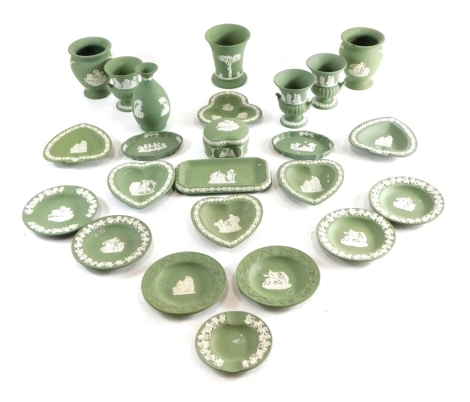 Various Wedgwood green Jasperware pottery, heart shaped pin dish, 11cm wide, various other dishes, vases, etc., various marks beneath. (a quantity)