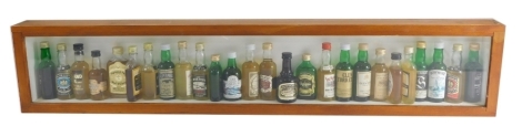 A cased set of various malt whiskey miniature bottles with contents, to include Glenfiddich, Glengarioch, Bowmore, Glenturret, etc., in fitted case, 20cm high, 96cm wide, 8cm deep.