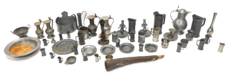 A large quantity of various metal ware, pewter, candlesticks, flagons, early 20thC and other, a small pierced vase with blue stone sections 7cms high, teapot, lidded flagon, 17thC style squat candlestick etc (a quantity)