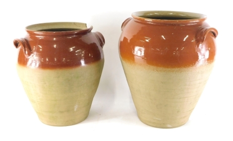 A large stoneware two coloured pippin planter 50cm high and another smaller (2).