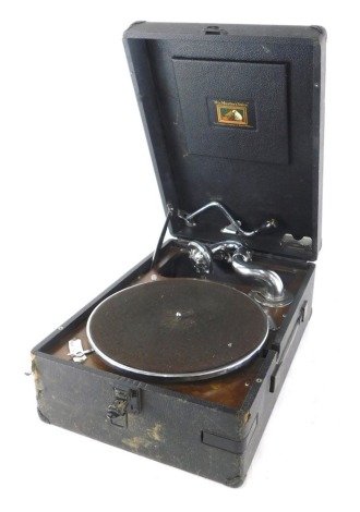 A 20thC HMV His Masters Voice table top gramophone, with articulated chrome plated arm 25cm diameter baize lined turn table with handle in pressed leather case.