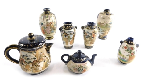 Various Japanese Satsuma pottery vases, lidded jug, small teapot, vase decorated geisha, 13cm high, and various others similar, with various marks beneath. (a quantity)