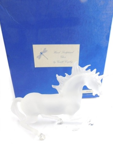 A Gerald Cropley hand sculptured glass unicorn figure, frosted glass, 13cm high. (boxed)