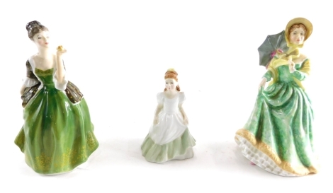 Various Royal Doulton figure Elizabeth, HN2946, printed marks beneath, 23cm high, another Fleur, and Kerry. (3)