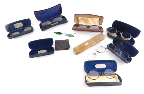 Various optical items and spectacles, pair of metal framed eye protectors with curved side bars in wooden case, tortoiseshell finish spectacles, various others, etc. (a quantity)