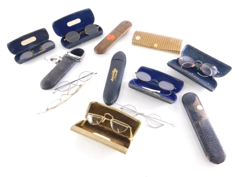 Various optical items spectacles and cases, coloured pince nez, in fitted case, 10cm wide, various other cased spectacles, a case with plated mounts, a pair of spectacles with curved side bars, Skilbeck case, various others. (a quantity)