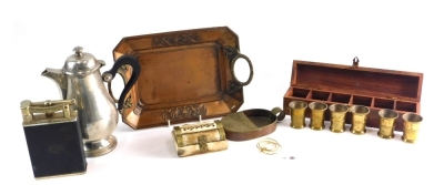 Various treen metalware etc, an early 20thC copper tray with Sphinx and urn raised border and garland handles 30cm wide, a large cigarette shaped table lighter, treen box, faux box, plated coffee pot, cased set of shot cups (a quantity).