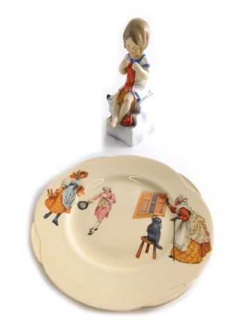 A Royal Worcester figure Saturday's Child Works Hard For A Living, number 3289, printed marks, and a Royal Doulton plate, numbered 5137, Old Mother Hubbard design, etc., 17cm wide, (2)