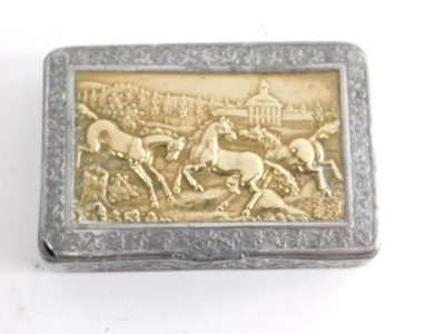 A pewter and brass snuff box, together with a silver pill box, and a brass box. - 4