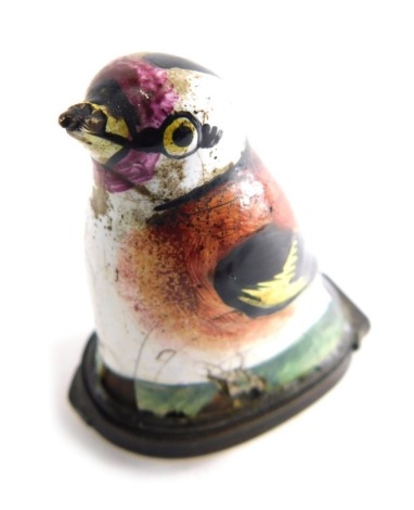 An 18thC Staffordshire enamel novelty snuff box or bonbonniere, decorated as a bird in colours, with pink mouth and yellow beak, with hinged lid, beneath painted with flowers, with plain interior, 5cm high. (AF)