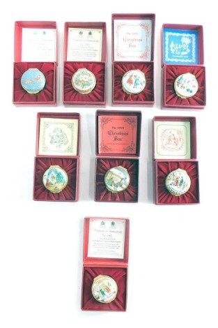 Eight various boxed Halcyon Days and other enamel finish boxes, to include Christmas 1979, 4cm wide, boxed, with some paperwork. (a quantity)