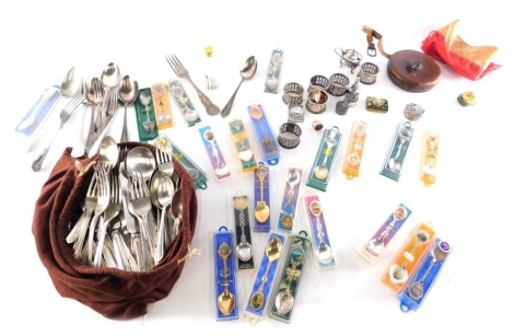 Various silver plated and other cutlery, Kings pattern and other table knives, a quantity of souvenir spoons, various other flatware, vacant miniature vodka bottle, other plated napkin rings, other open salts, tableware, etc., Rabone leather tape measure,