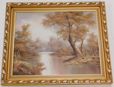 20thC Continental School. Calm stream and trees, oil on board, unsigned, 39cm x 53cm, interior print, and after Knight, The Ballet, print, and various other prints. (a quantity) - 2