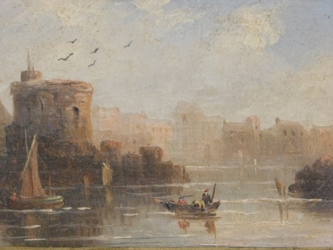 H. J. (19thC School). Boats before buildings, oil on board, initialled, 12cm x 20cm, another similar. (2)