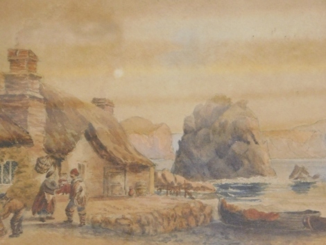 19thC School. Figures before cottage with calm sea and cliffs in the distance, watercolour unsigned, 23cm x 48cm.