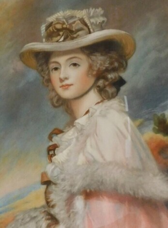 After Romney. Mrs Davenport, print, later artist school signature, 41cm x 32cm, labelled verso.