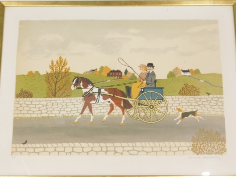 Vincent Haddelsey (1934-2010). Figure in trotting cart with dog behind, artist signed print, 33cm x 47cm.