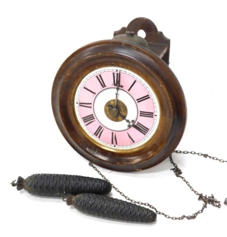 A 19thC Continental walnut alarm wall clock, with 18cm diameter enamel Roman numeric dial in pink and black, with dome shaped bell, circular front, with chain, two weights and pendulum.