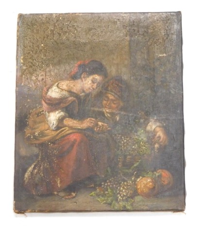 19thC Continental School. Children aside basket of grapes, oil on canvas, unsigned, 26cm x 21cm.