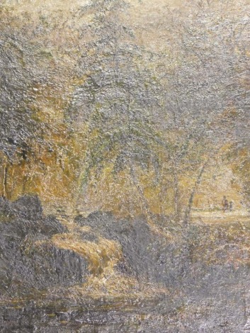 J. E. B. (20thC). Forest landscape, figures on a path in the distance with stream at the forefront, oil on canvas, initialled and indistinctly dated, 35cm x 28cm.