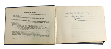 A pilot's flying log book, handwritten The Countess of Lonsdale, Askham Hall, Penrith, Cumberland, private pilot's log from 1960, with some names of aerodromes, to include Silloth, Blackpool, Edinburgh, Lancaster, etc., and other handwritten notes, some d