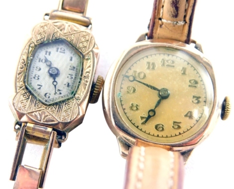 Two 9ct gold cased wristwatches, comprising one hexagonal set with engraved dial on a plated strap, and a circular 9ct gold cased wrist watch head, on leather strap, 22.8g all in. (2)