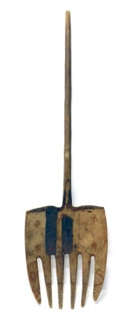 A large 19thC French hayfork, with six prongs and plain handle, 161cm high.