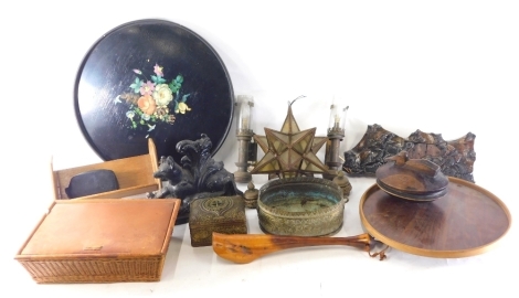 Various treen, cloche, lazy Susan, 40cm diameter, star glass light shade, cast iron door stop, etc . (a quantity)