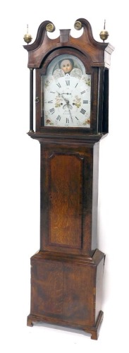 Harlow, Lane-End. An early 19thC moon rolling longcase clock, the 31cm wide painted enamel Roman numeric and Arabic dial, with floral spandrels, moon rolling action, date aperture, and subsidiary second hand, in a broken swan neck pedimented hood surmount