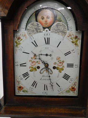 Harlow, Lane-End. An early 19thC moon rolling longcase clock, the 31cm wide painted enamel Roman numeric and Arabic dial, with floral spandrels, moon rolling action, date aperture, and subsidiary second hand, in a broken swan neck pedimented hood surmount - 2