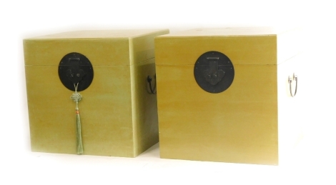 A pair of modern oriental painted boxes, with heavy metal locks and plain interiors, 46cm high, 46cm wide, 51cm deep. (2)