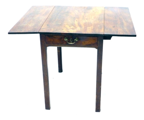 A 19thC mahogany Pembroke drop leaf table, with brass handle, on square chamfered legs, 72cm high, 74cm wide, 52cm deep.