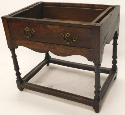 A 19thC oak tabletop clerk's desk, with plain fall and vacant interior, on an associated oak stand, with frieze drawer, on turned legs joined by block stretchers, The top 38cm high, 93cm wide, 67cm deep. - 3