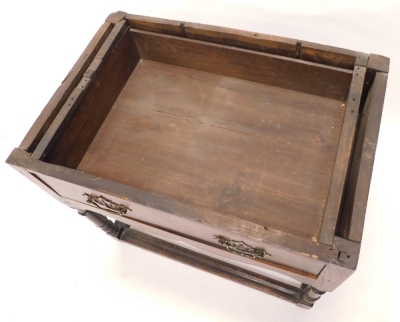 A 19thC oak tabletop clerk's desk, with plain fall and vacant interior, on an associated oak stand, with frieze drawer, on turned legs joined by block stretchers, The top 38cm high, 93cm wide, 67cm deep. - 4