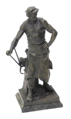 An Emile Louis Picault bronzed spelter figure, Le Travail, on marble finish plinth base, signed, 63cm high.