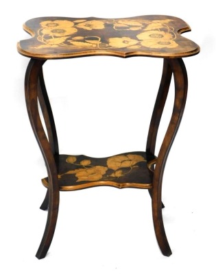 An early 20thC Arts and Crafts pokerwork occasional table, the shaped top decorated with flower heads, on serpentine legs joined by a similarly decorated under tier, 65cm high, 44cm wide, 33cm deep.