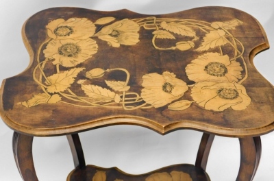 An early 20thC Arts and Crafts pokerwork occasional table, the shaped top decorated with flower heads, on serpentine legs joined by a similarly decorated under tier, 65cm high, 44cm wide, 33cm deep. - 2