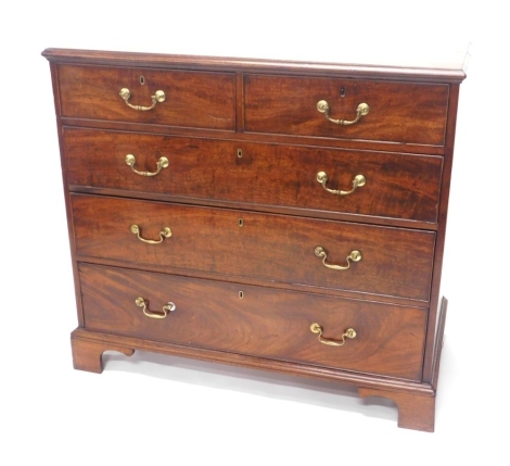 A George III mahogany chest of two short and three long cock beaded drawers, on bracket feet, 106cm high, 114cm wide, 61cm deep.