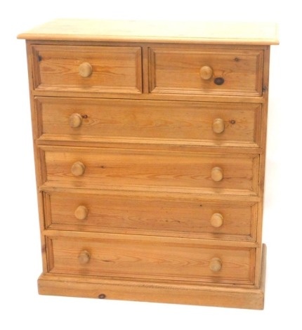 A pine chest of two short and four long drawers, on a plinth, 106cm high, 84cm wide, 44cm deep.