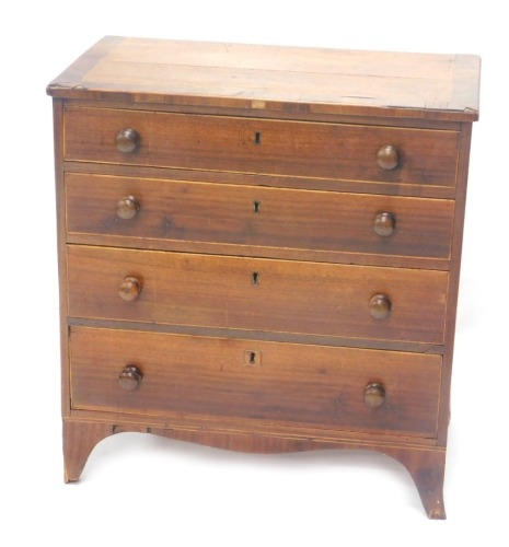 A 19thC mahogany chest of four long graduated drawers, on splayed feet, 78cm high, 76cm wide, 34cm deep. (AF)