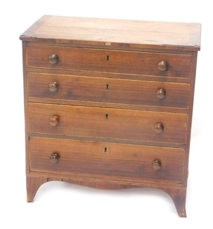 A 19thC mahogany chest of four long graduated drawers, on splayed feet, 78cm high, 76cm wide, 34cm deep. (AF)