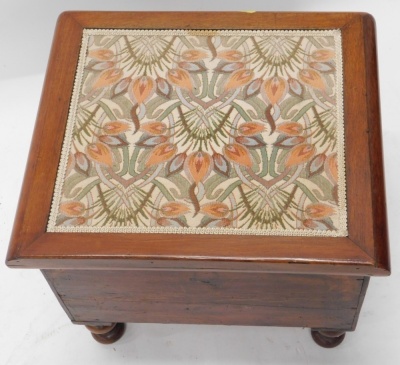 A Victorian flame mahogany commode, with embroidered top and fitted interior for scraps, on inverted double bun feet, 40cm high, 42cm wide, 39cm deep. - 2